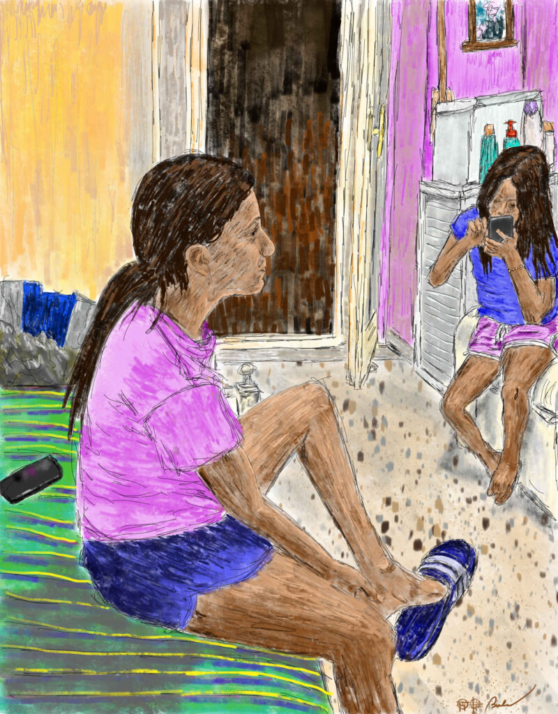 Waiting for Dad, iPad drawing printed on paper, 1777x2274px